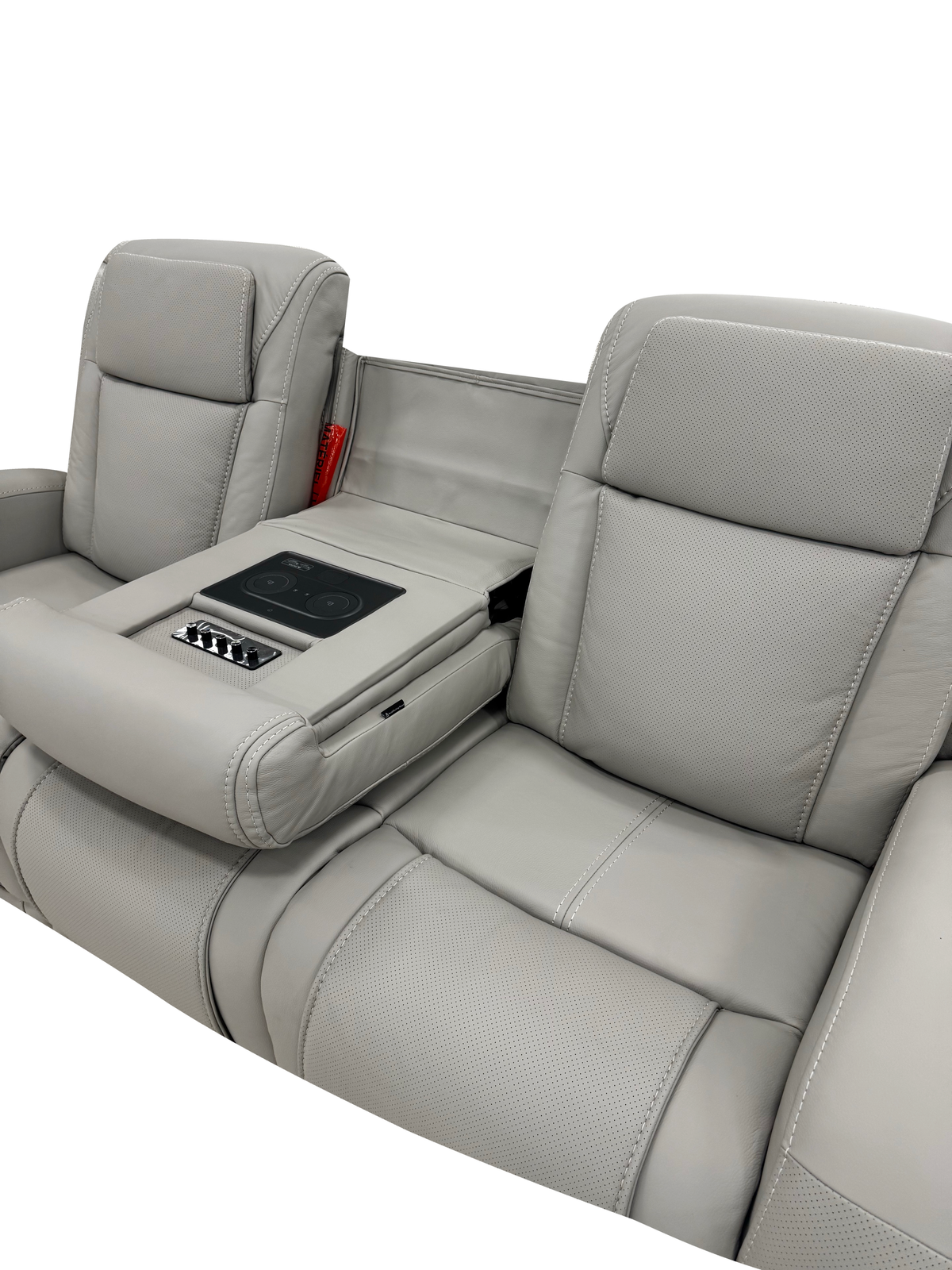 Montreval Sofa in grey upholstery, backrest, seat and folded center-table detail, white background