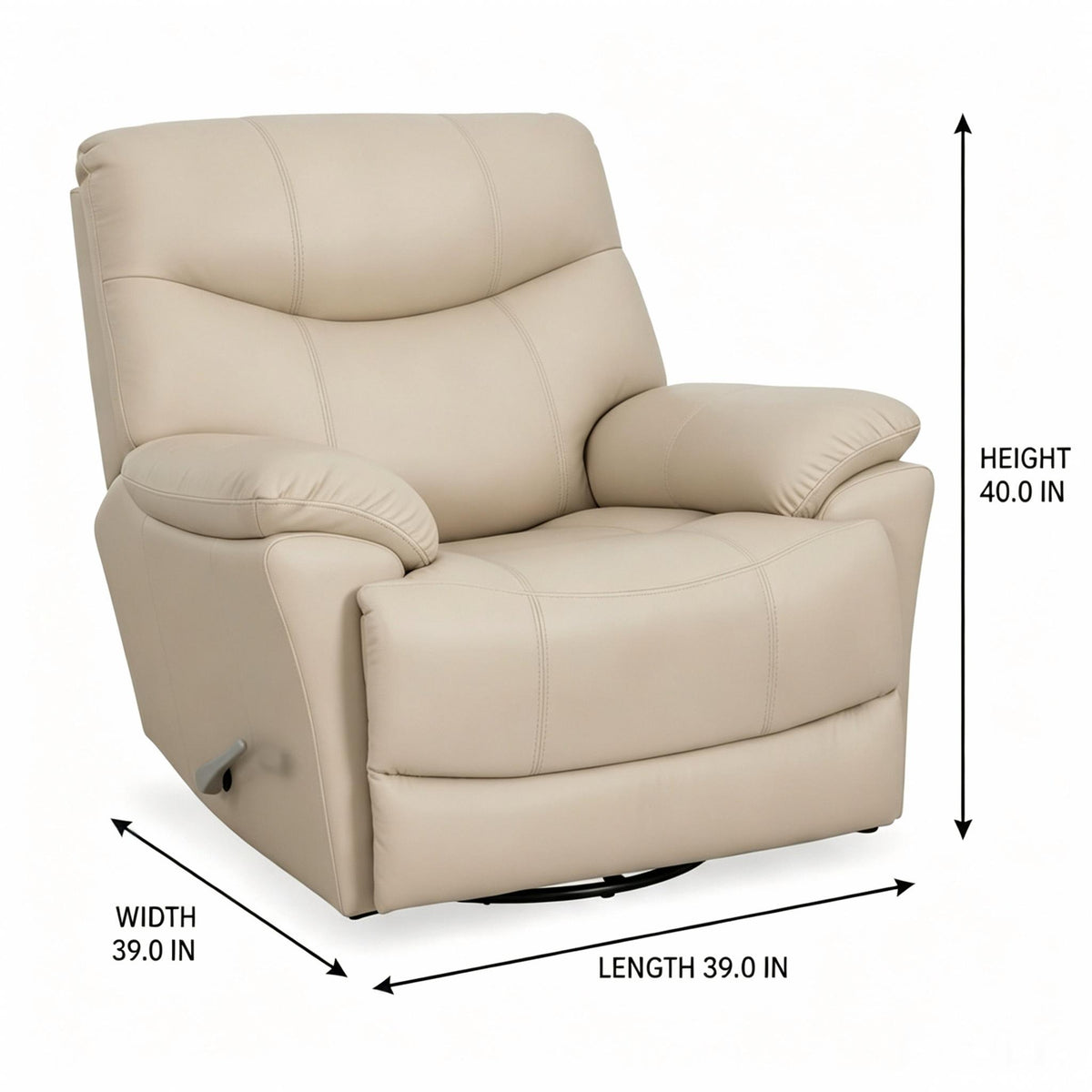 Neravaux Powered Leather Accent Chair dimension diagram showing Length 39.0 IN, Width 39.0 IN, and Height 40.0 IN on a white background
