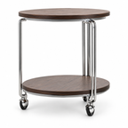 Norcello End Table — dark wood two-tier end table with stainless steel frame and casters