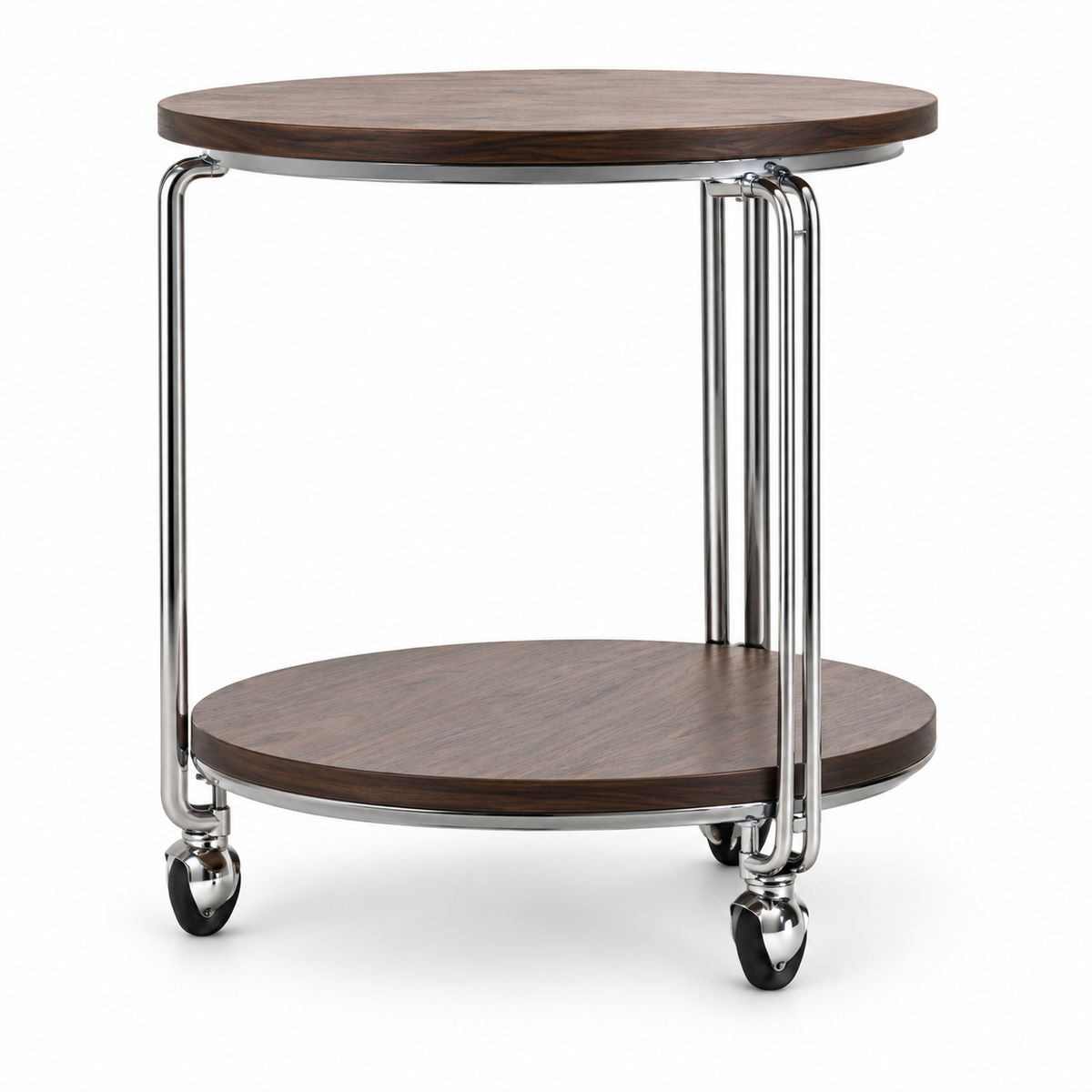Norcello End Table — dark wood two-tier end table with stainless steel frame and casters