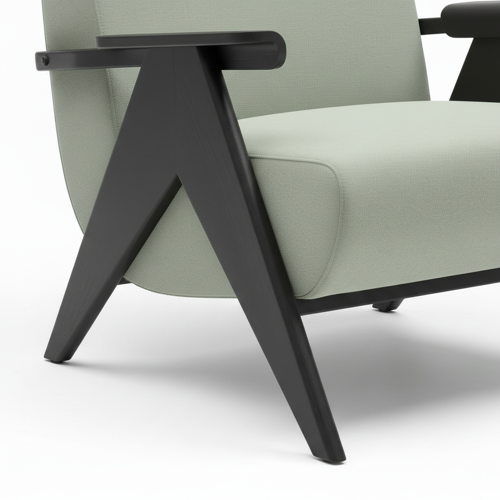 Norevin Accent Chair close-up showing the ash wood frame, armrests, and upholstered seat