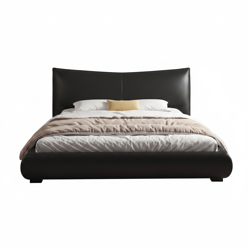Oberon Bed straight-on front view with black upholstered footboard, white bedding, beige throw, and pillows