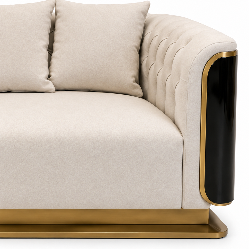 Palisandre Sofa — visible right armrest, its front facing surface and its junction with the seat (detail edited from existing product photo)