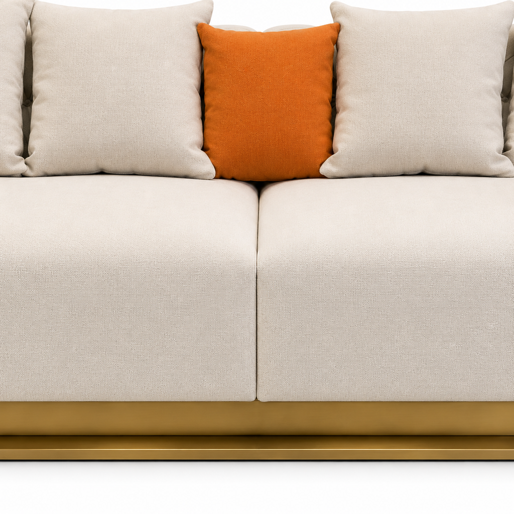 Palisandre Sofa — visible seat cushions, their seams, and the lower front base beneath them (detail edited from existing product photo)