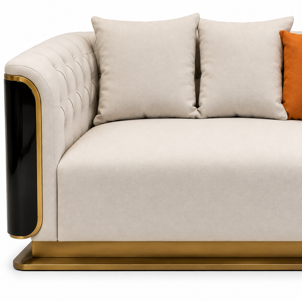 Palisandre Sofa — visible back cushions, decorative pillows and upholstery stitching (detail edited from existing product photo)