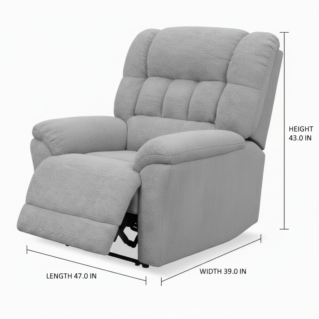 Palisette Fabric Accent Chair dimension diagram showing Length 47.0 IN, Width 39.0 IN, and Height 43.0 IN on a white background