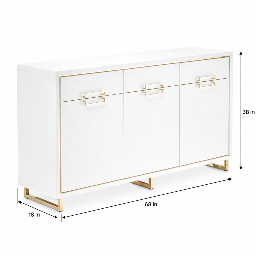  Palm Gate Sideboard dimension diagram showing 68-inch length, 18-inch depth, and 38-inch height.