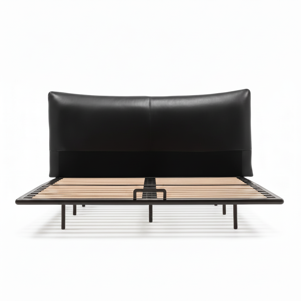Perrenza Wood Bed black frame with light-colored slats, straight-on front view on a white background
