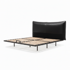 Perrenza Wood Bed black frame with light-colored slats, footboard left foreground and headboard right background on a white background