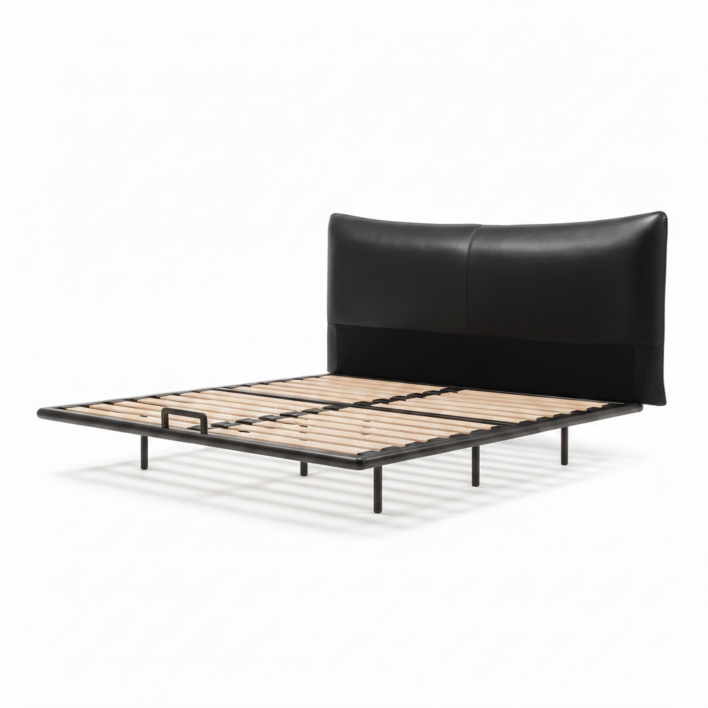 Perrenza Wood Bed black frame with light-colored slats, footboard left foreground and headboard right background on a white background