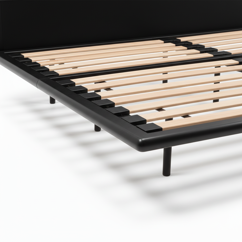 Perrenza Wood Bed close-up of light-colored slats and support foot on a white background