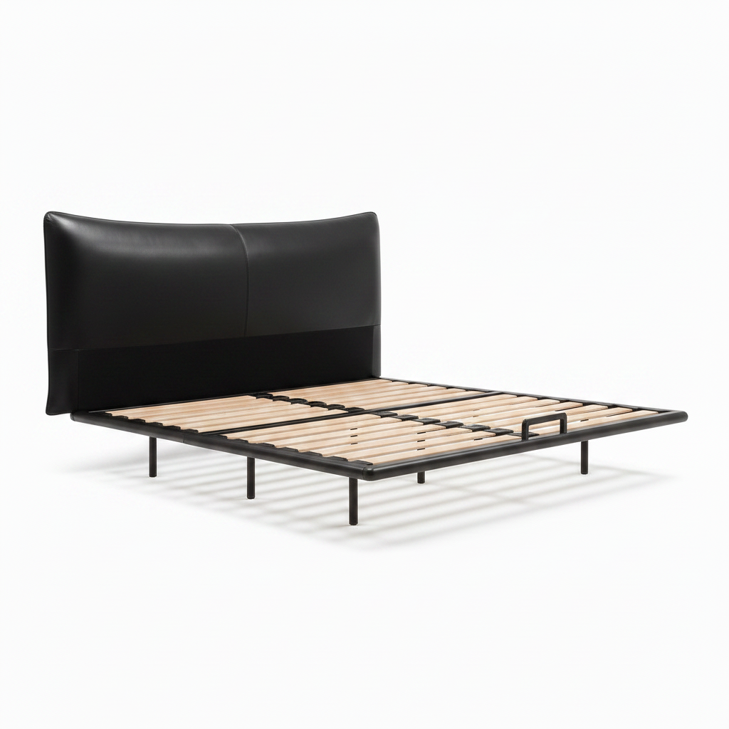 Perrenza Wood Bed with black headboard on the left and footboard on the right on a white background