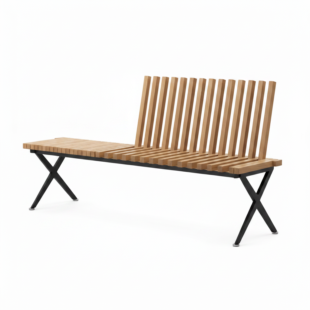 Pravero Accent Chair right-end view showing the long wooden slatted seat, backrest, and black metal legs.