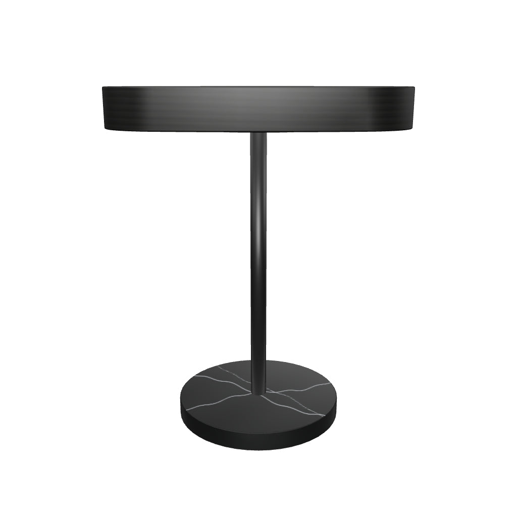 Hestaro End Table — photo-guided material preview; approximate wood, leather and marble textures; scale not verified. Refer to product photos and dimensions.