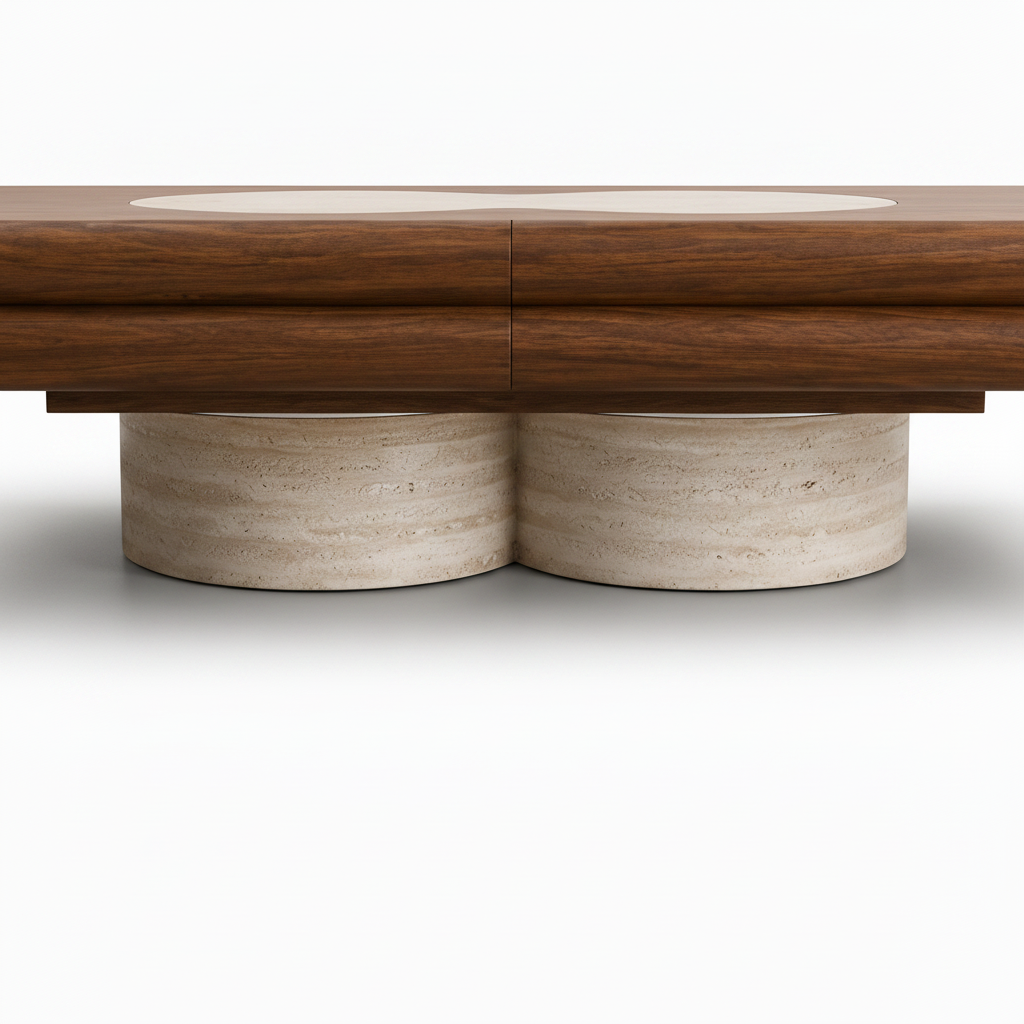 Quenelle Walnut Coffee Table 双石材底座细节白底图