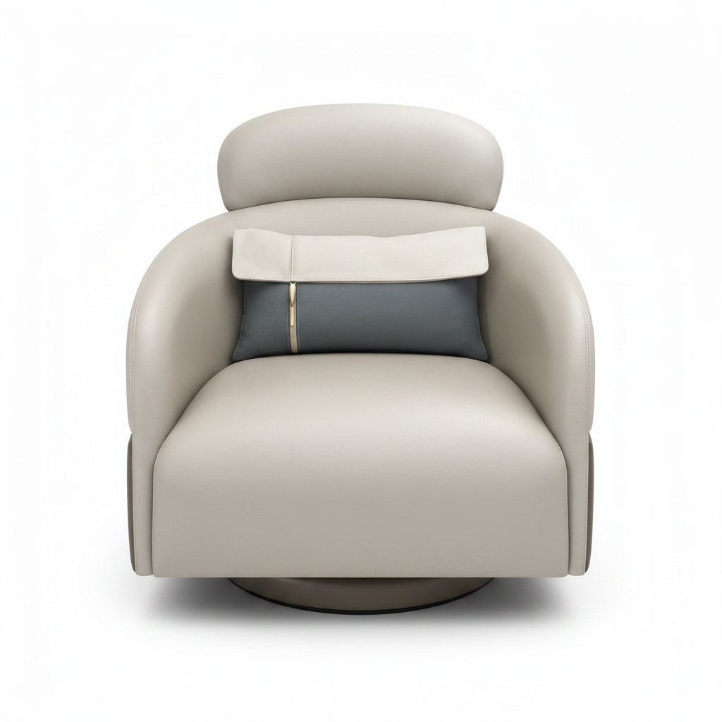 Quesselle Accent Chair front view showing the leather upholstery, curved backrest, and wood veneer frame