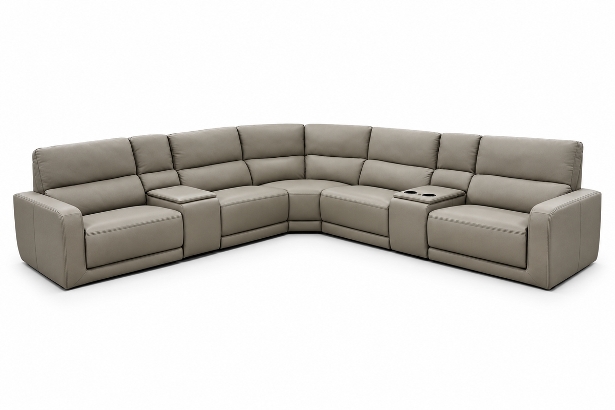 Ravelon sectional in khaki taupe with both consoles lowered