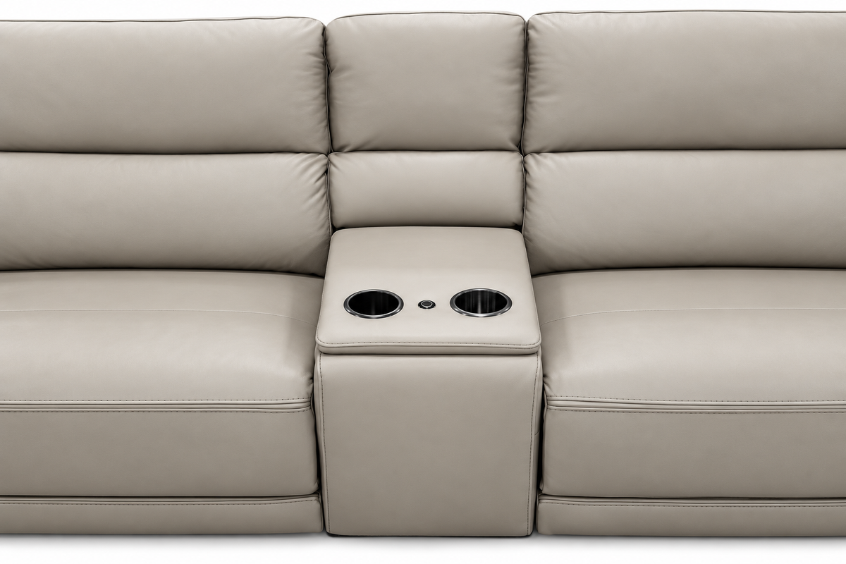 Ravelon console with two cupholders and upholstery detail