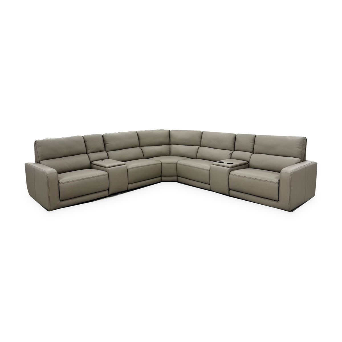 Ravelon Sectional Sofa — Complete front view with both consoles lowered