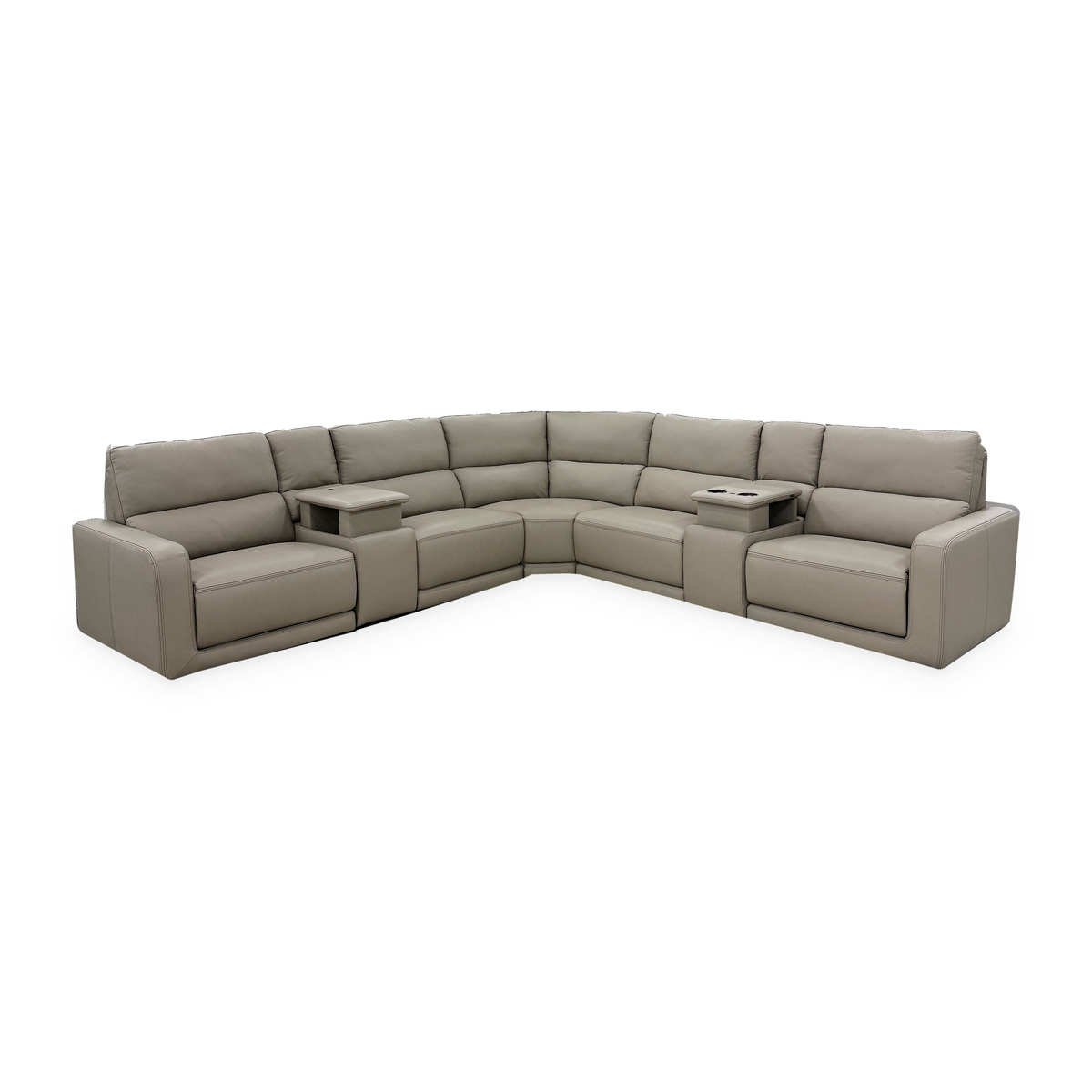 Ravelon Sectional Sofa — Complete front view with both console tops raised