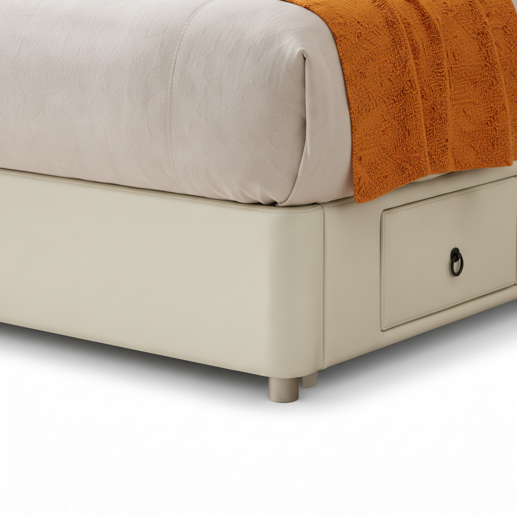 Renshaw Bed close-up of base and bed foot on a white background
