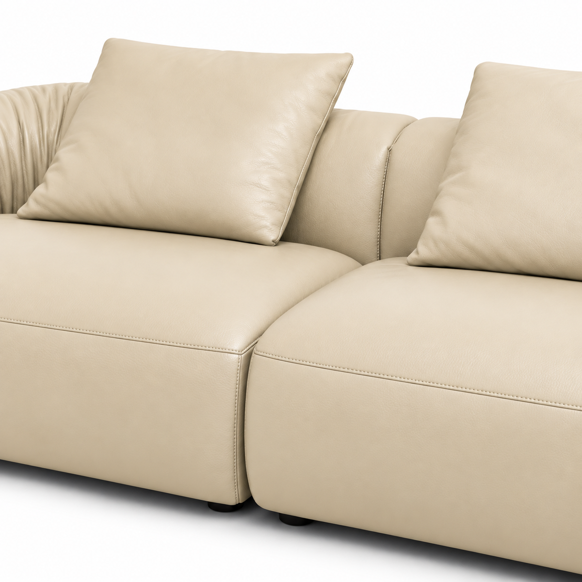 Rosvane Leather Sofa — visible back cushions, decorative pillows and upholstery stitching (detail edited from existing product photo)
