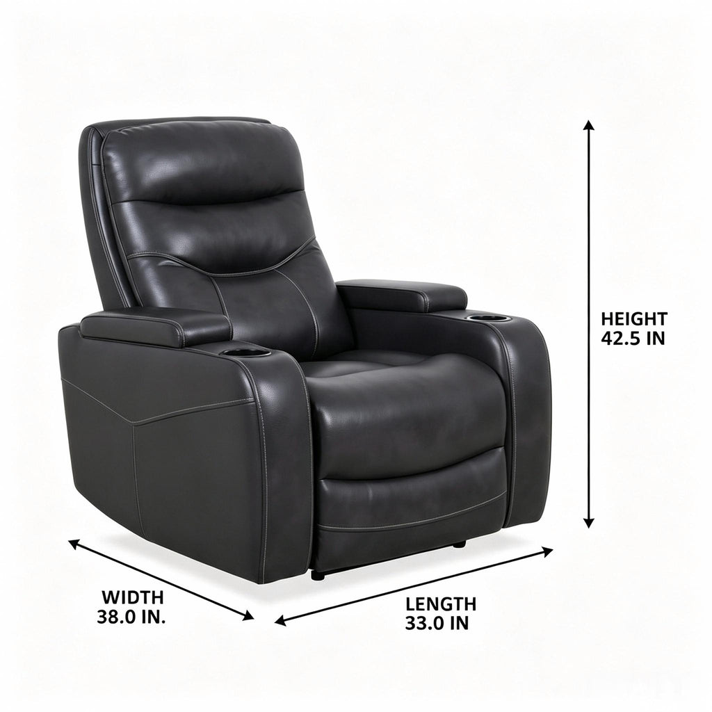 Roussane Power Leather Accent Chair dimension diagram showing Width 38.0 IN, Length 33.0 IN, and Height 42.5 IN on a white background