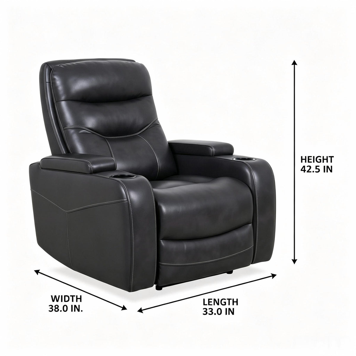 Roussane Power Leather Accent Chair dimension diagram showing Width 38.0 IN, Length 33.0 IN, and Height 42.5 IN on a white background
