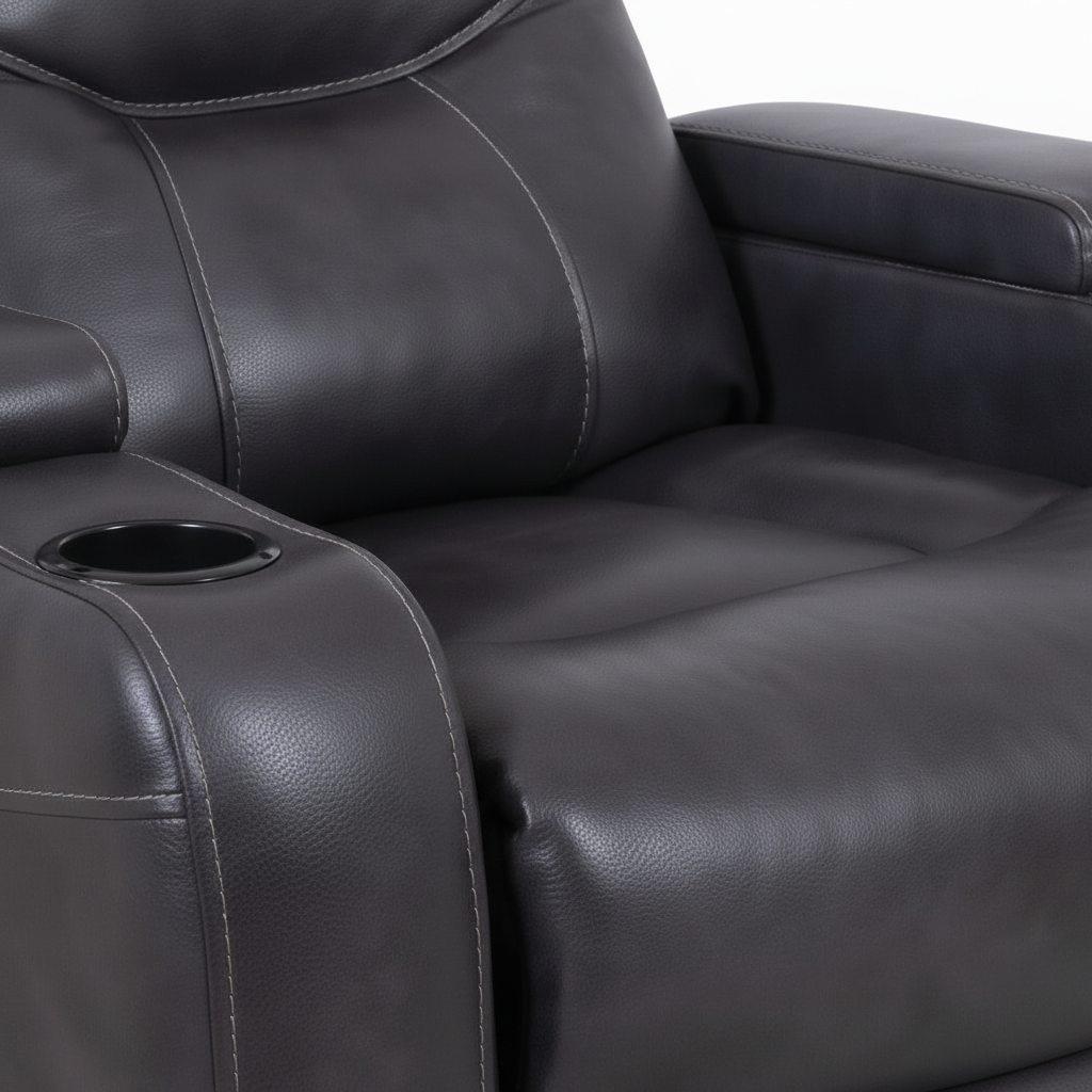 Roussane Power Leather Accent Chair close-up of black leather upholstery and stitched detail on a white background