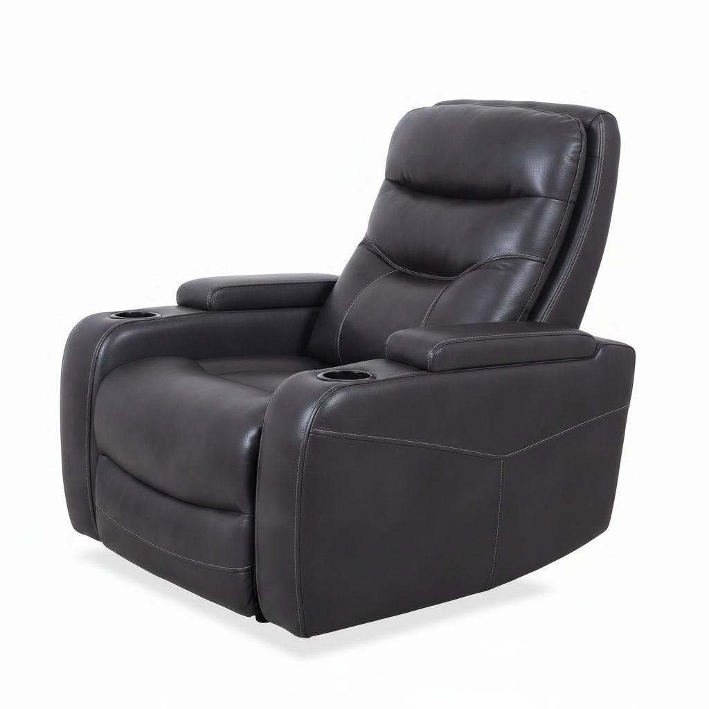 Roussane Power Leather Accent Chair rear three-quarter view showing padded arms and cup holders on a white background