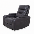 Roussane Power Leather Accent Chair rear three-quarter view showing padded arms and cup holders on a white background