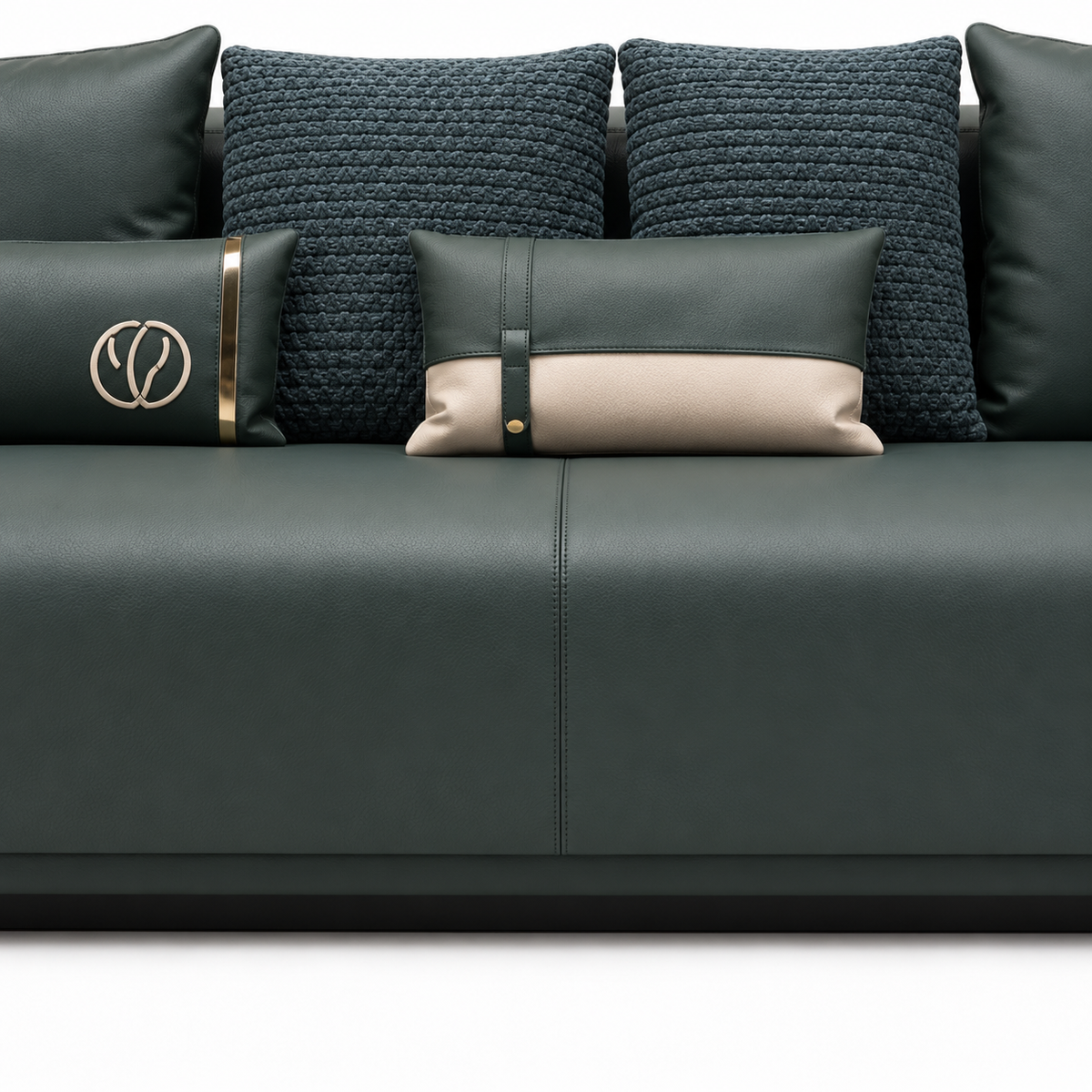 Rovessa Sofa — visible seat cushions, their seams, and the lower front base beneath them (detail edited from existing product photo)