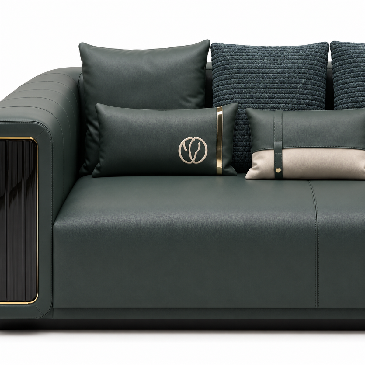 Rovessa Sofa — visible back cushions, decorative pillows and upholstery stitching (detail edited from existing product photo)