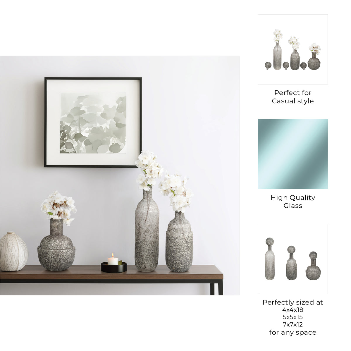 Burtonburn Set of 3 Gray Glass Vases — 18″ — additional view