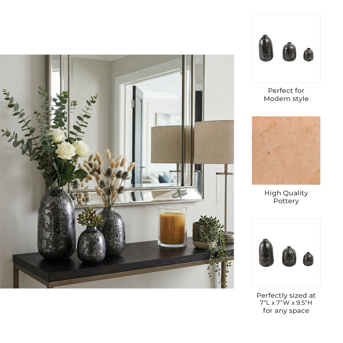 Tessgate Set of 3 Black Vases — 10″ — additional view