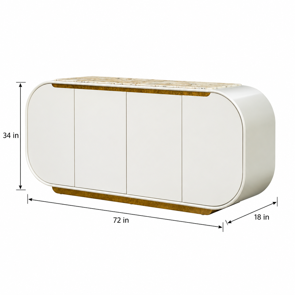 Sirene Sideboard in Creamy Pearl dimension diagram showing 72-inch length, 18-inch depth, and 34-inch height.