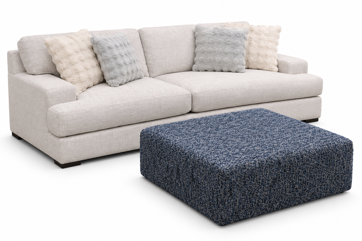 Solmere Linen Sofa — optional ottoman configuration, two seat cushions