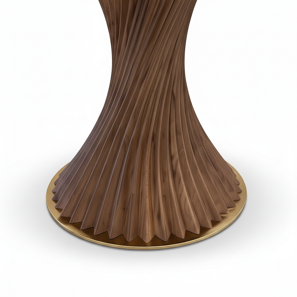 Stellan fluted walnut pedestal and brass base detail