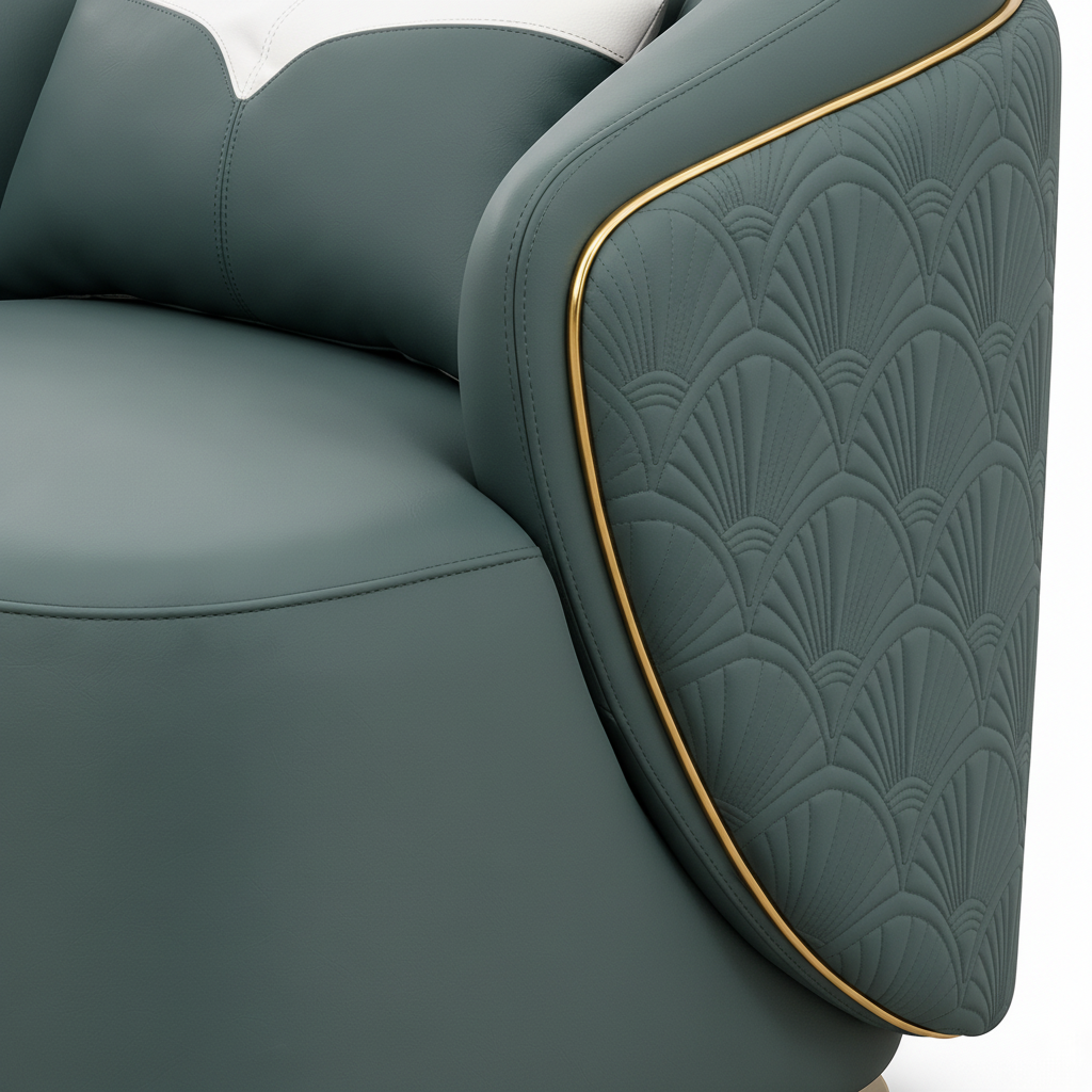 Talmere Accent Chair close-up showing the gold piping and wooden base detail