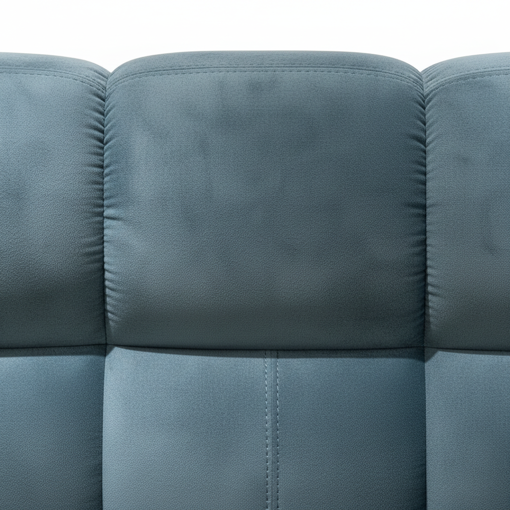 Tavelin Wood Bed blue upholstered bed, close-up of headboard detail on a white background