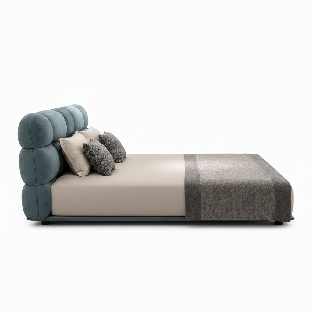 Tavelin Wood Bed blue upholstered bed, right-side view of the bed frame on a white background