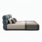 Tavelin Wood Bed blue upholstered bed, right-side view of the bed frame on a white background