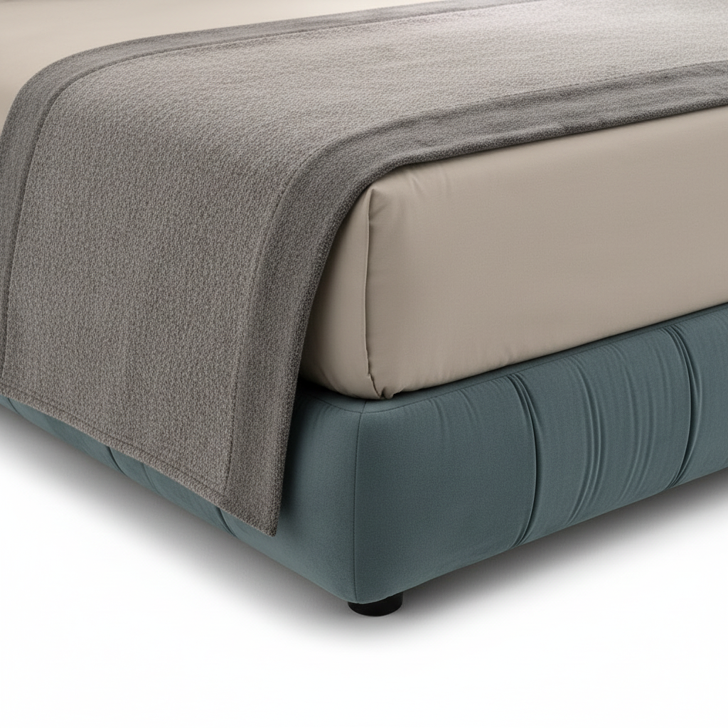 Tavelin Wood Bed blue upholstered bed, close-up of side frame detail on a white background