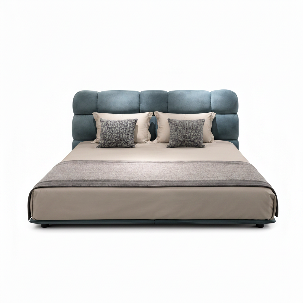 Tavelin Wood Bed blue upholstered bed, straight-on front view on a white background