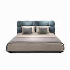 Tavelin Wood Bed blue upholstered bed, straight-on front view on a white background