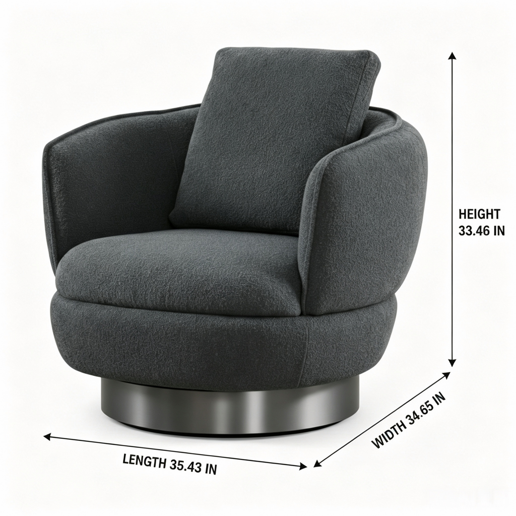 Tressaine Accent Chair dimension diagram showing Width 34.65 IN, Length 35.43 IN, and Height 33.46 IN on a white background