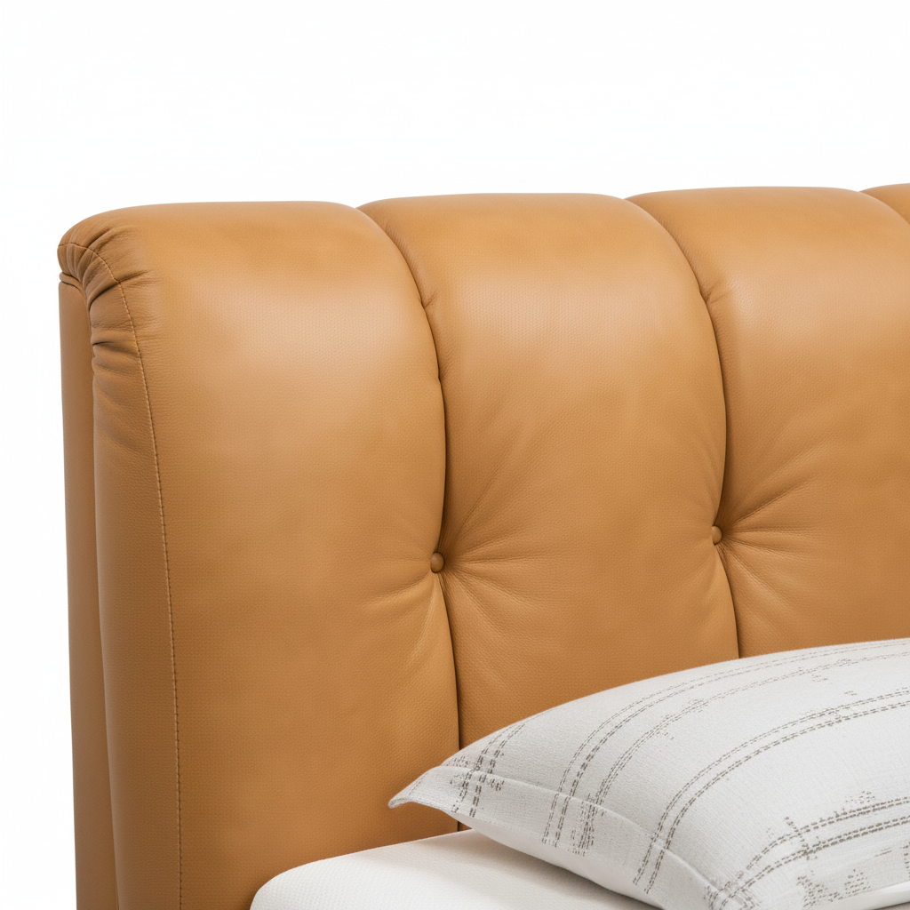 Trevain Bed close-up of headboard detail on a white background