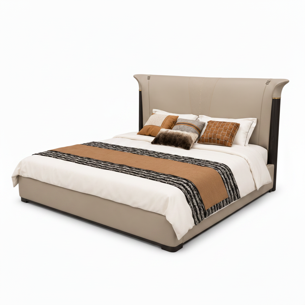 Trevane Bed three-quarter view with footboard left foreground and headboard right background on a white background