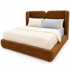 Trevers bed in warm caramel Brandy Brown upholstery, studio image based on actual showroom photos