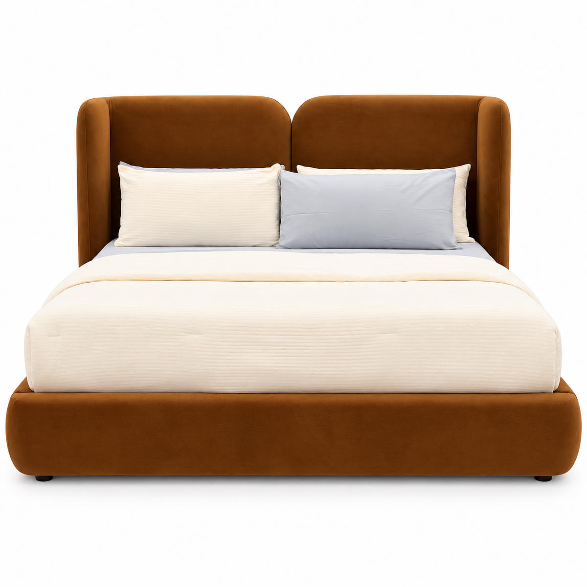 Trevers bed — caramel brown front studio view